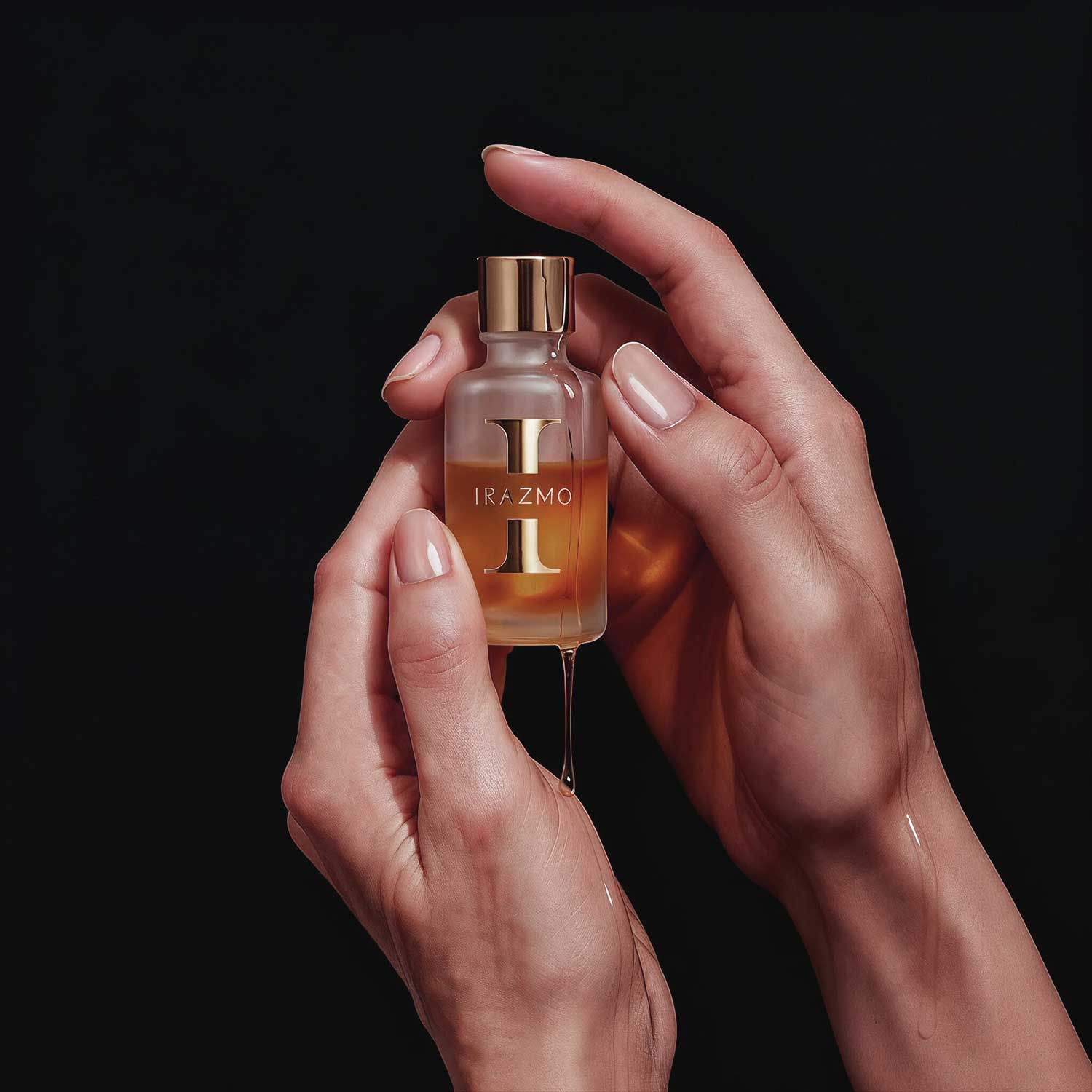 Hand holding a small bottle of Ira Zmo oil with a dark background