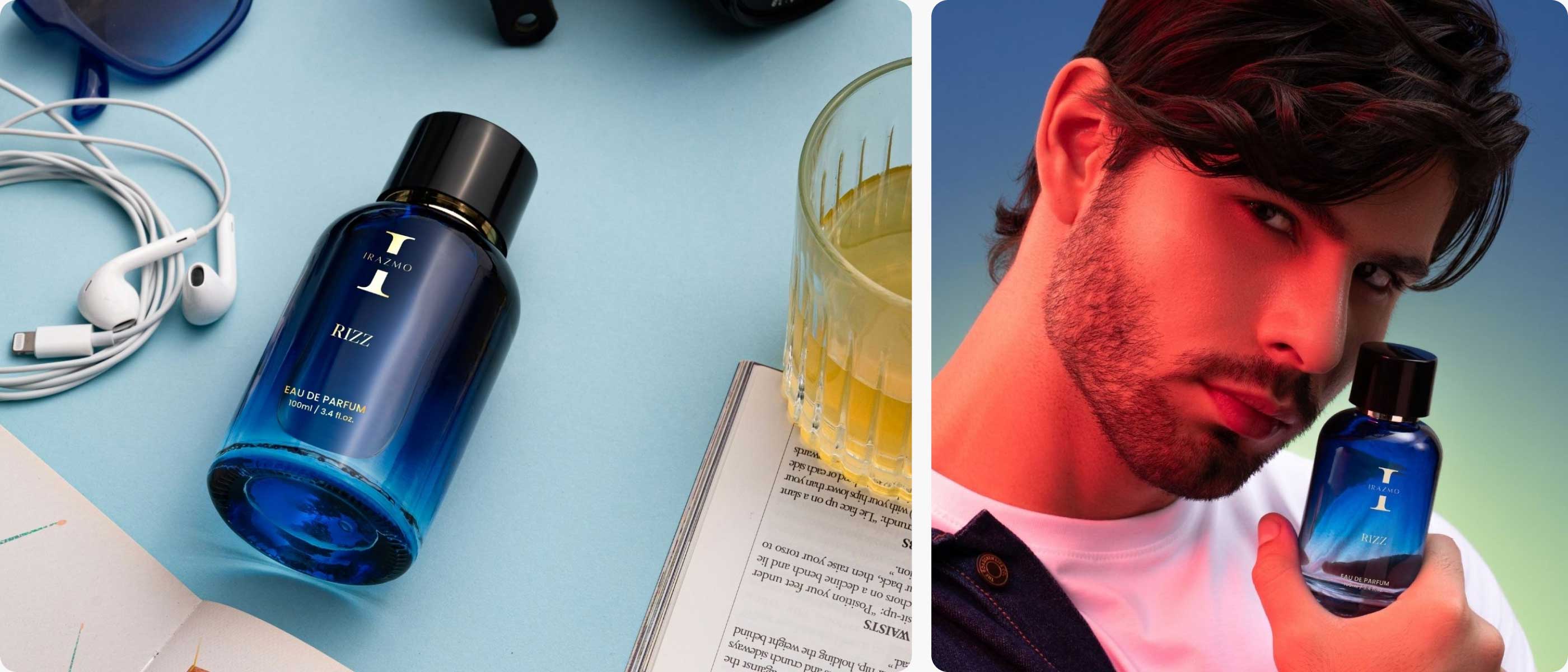 Blue bottle on a light blue surface with earphones and a glass, next to a person holding the bottle.