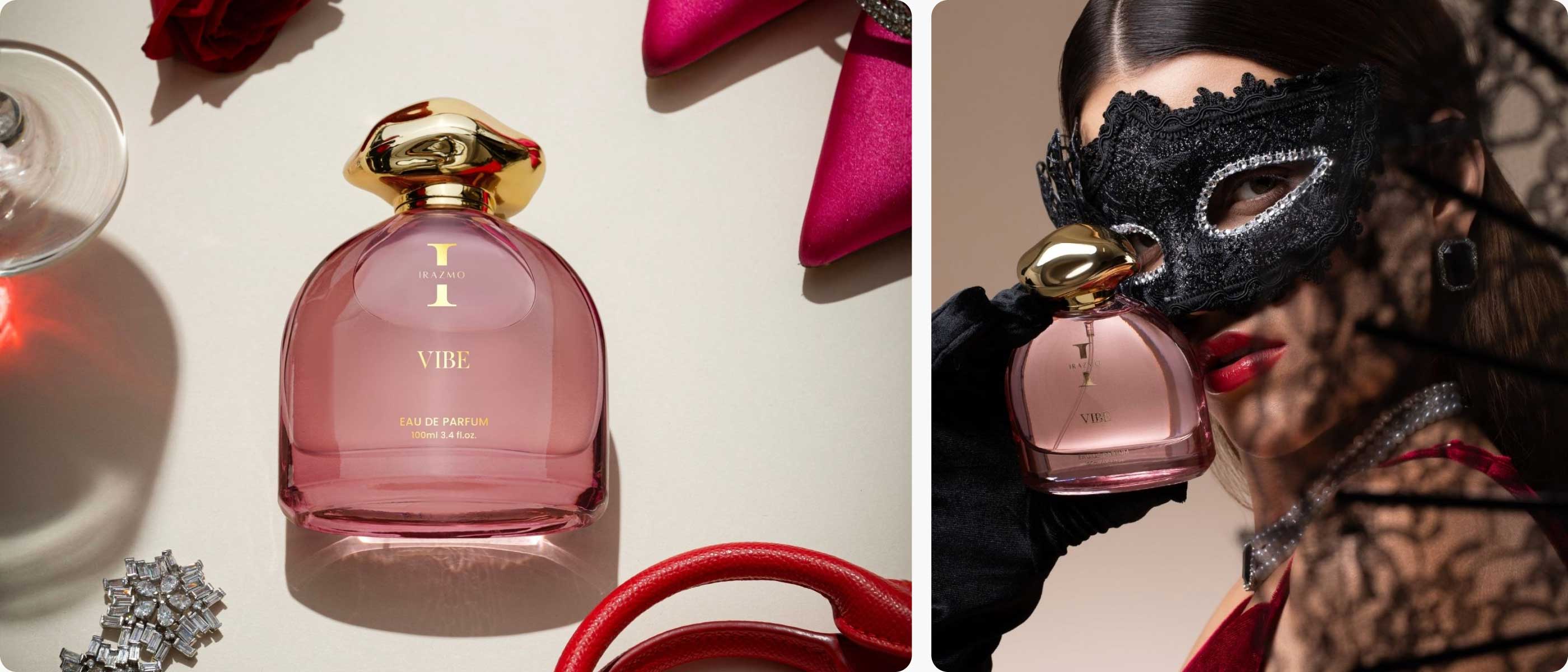 Pink perfume bottle with gold cap on a white background, next to a person wearing a black lace mask with the same perfume bottle.